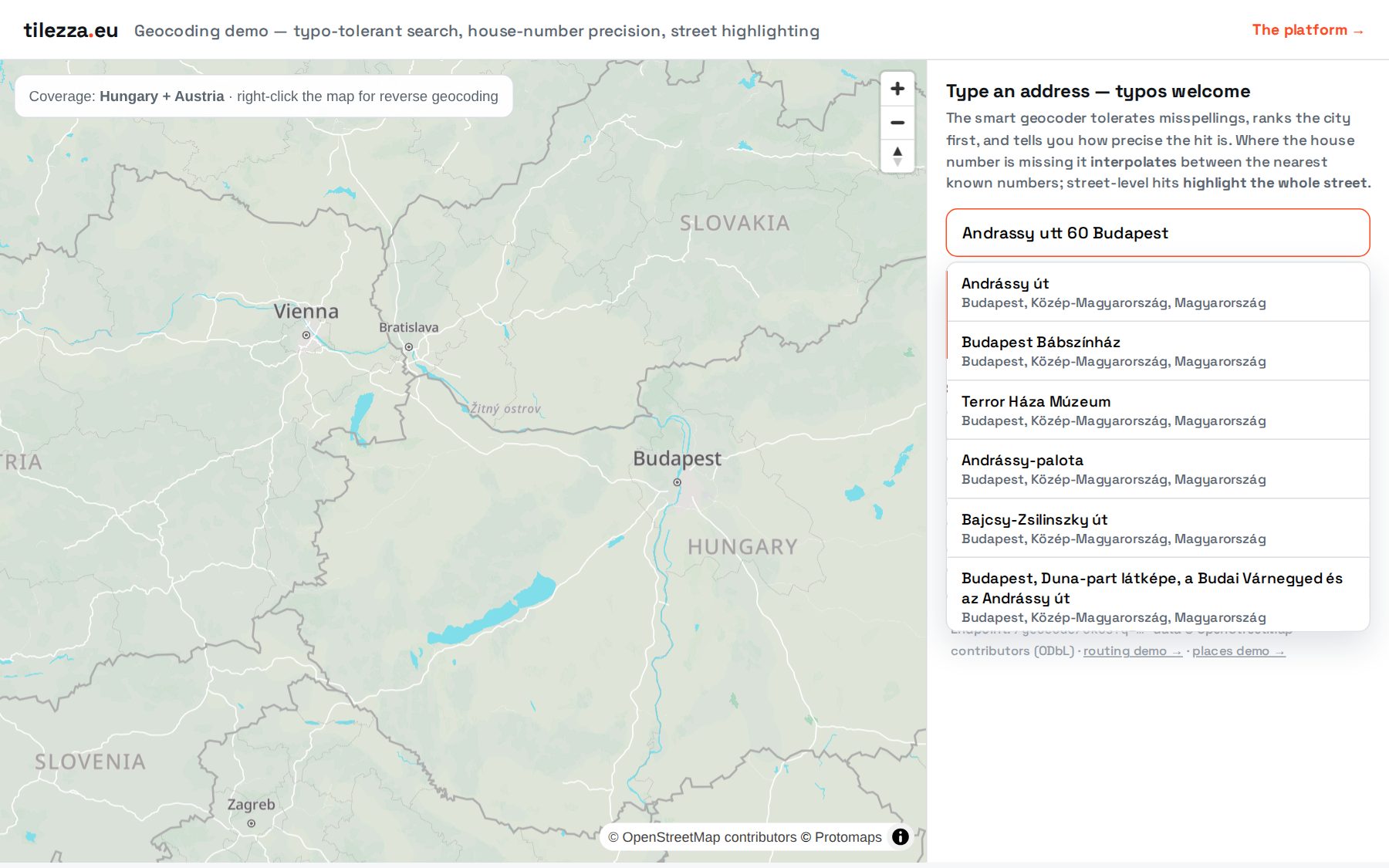 Live geocoding demo: typo-tolerant address search with street highlighting
