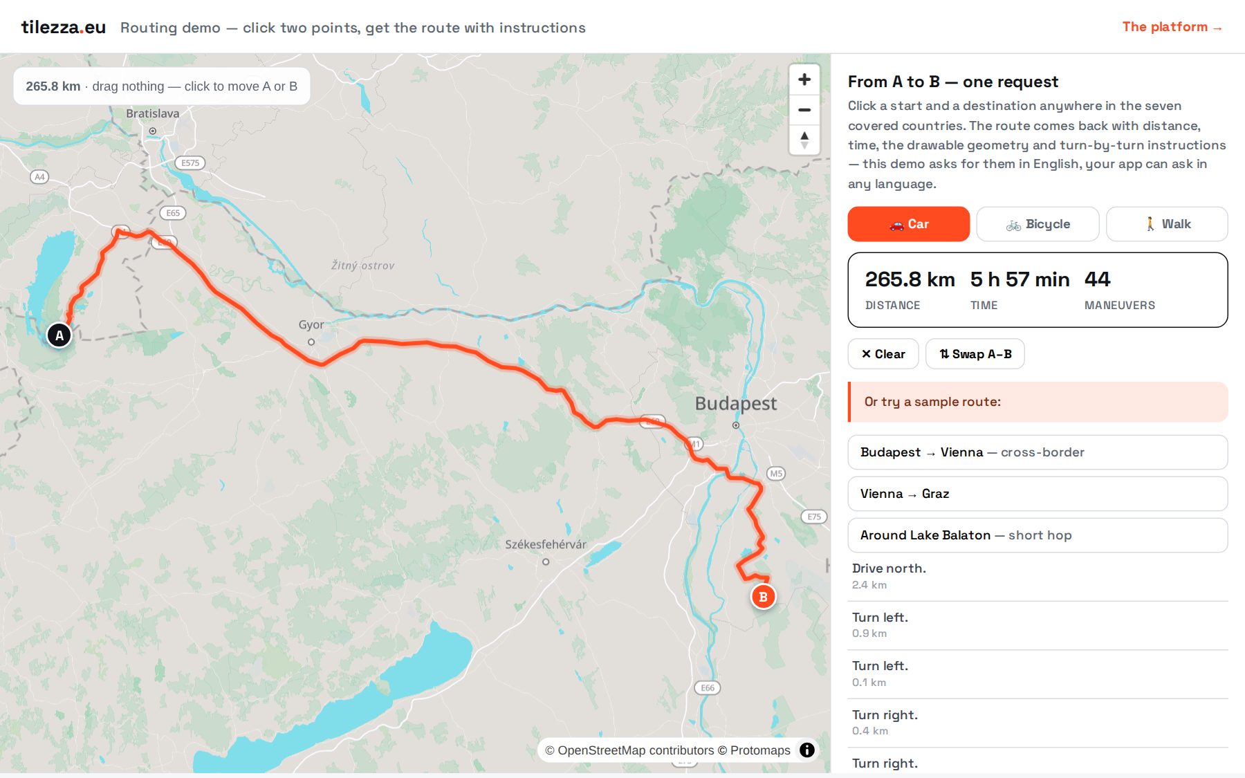 Live routing demo: a 265 km route with turn-by-turn instructions