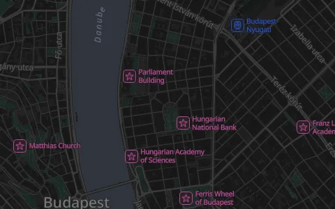 dark map style preview: Dark charcoal land, slate-blue water, muted labels, POI icons.