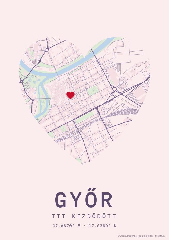 Győr térkép poszter — Pasztell · szív